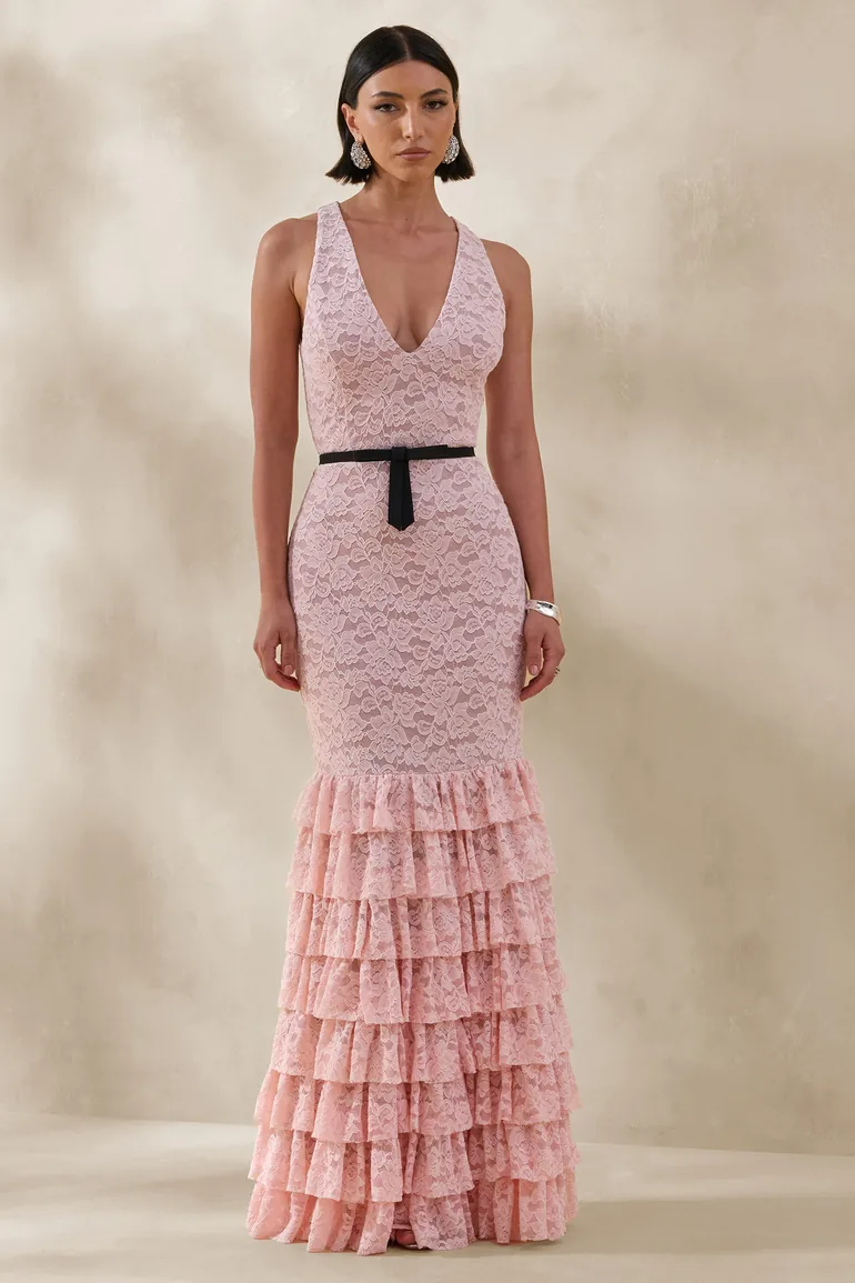 Isoria | Pink And Black Lace Halter-Neck Maxi Dress With Bow-Belt Detail