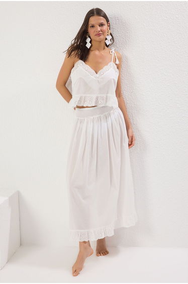 Ecru Woven Embroidery Detailed 100% Cotton Blouse Skirt Beach Set