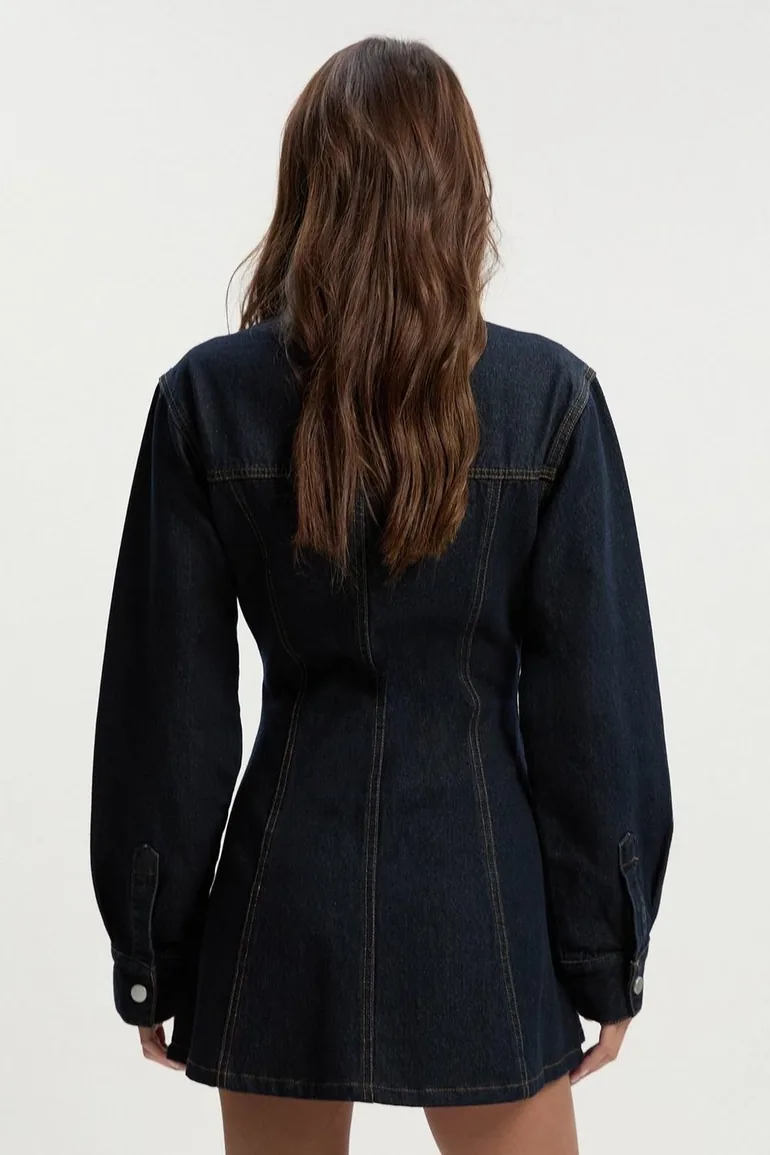 Long Sleeve Cinched Waist Denim Dress - indigo - 3