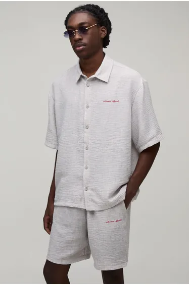 Linen Look Embordered Oversized Shirt & Short Set - grey