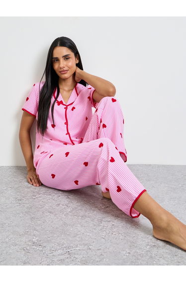 Pink Heart Striped Print Shirt and Pyjama Set