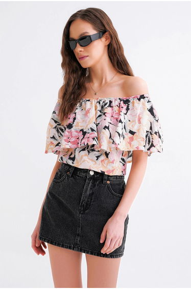 Mixray Floral Print Off Shoulder Blouse