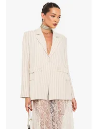 Pinstripe Button Detail Oversized Blazer - beige