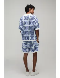 Oversized Boxy Crochet Patch Knitted Polo and Short Set - blue - 1