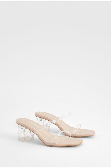 Wide Fit Clear Low Block Heeled Mules - nude