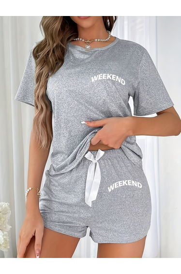Grey Slogan Text Print T-Shirt and Shorts Set