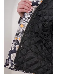 Women's Black-Cream Floral Patterned Double Pocket Lined Quilted Jacket - 6