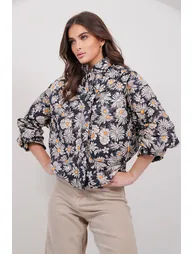 Women's Black-Cream Floral Patterned Double Pocket Lined Quilted Jacket - 1