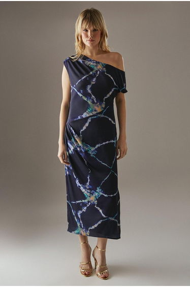 Crinkle Satin Fallen Shoulder Knot Side Midi Dress