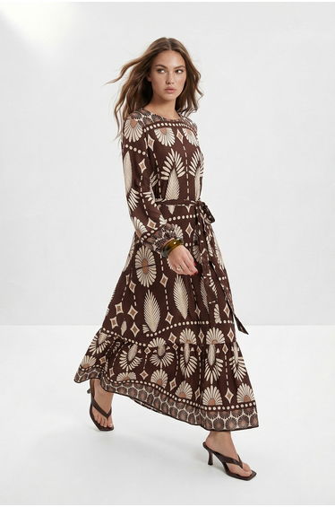 Brown Unlined Ethnic Woven Dress&Jumpsuit Chally Hijab Dress