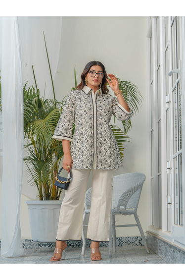 Floral Embroidered Shirt Collar Pure Cotton Tunic and Trousers Co-Ords