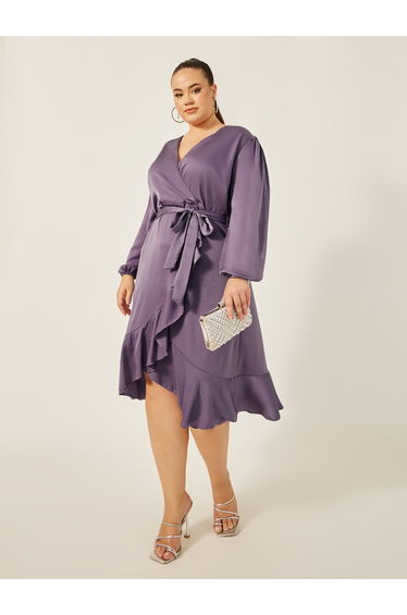 Plus Size Solid Balloon Sleeve Wrap Midi Dress