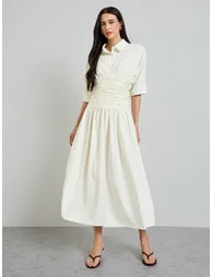 Cream Gathered A-Line Maxi Dress - 2