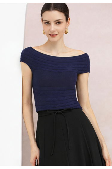 Tender Grace Boat Neck Cable-Knit Crop Top in Navy for Brunch Dates & Afternoon Tea