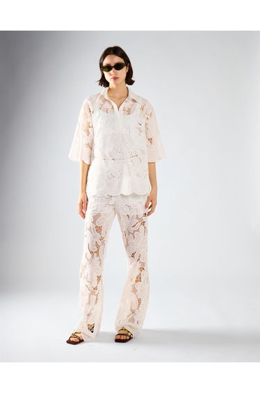 White Embroidered Flared High Waisted Trousers