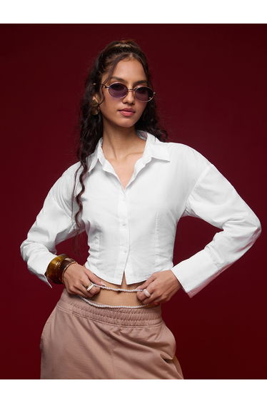 White Cotton Long Sleeve Crop Shirt