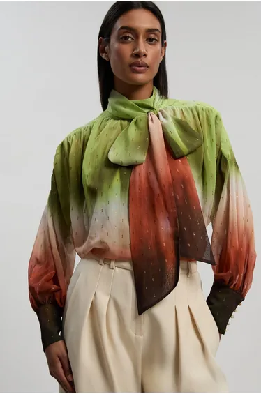 Metallic Thread Ombre Print Woven Balloon Sleeve Blouse