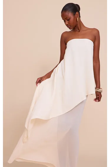 Butter Cream Chiffon Bandeau Overlay Maxi Dress