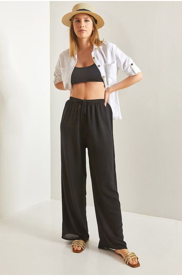 Women's Belted Waist Wide Leg Viscose Trousers Black