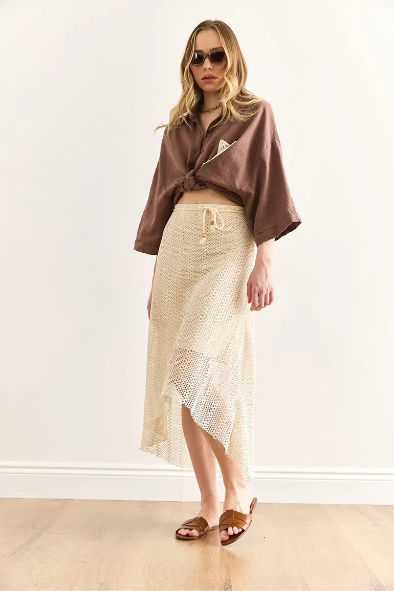 Women's Stone Lace Detailed Lined Asymmetrical Cut Guipure Skirt - 4