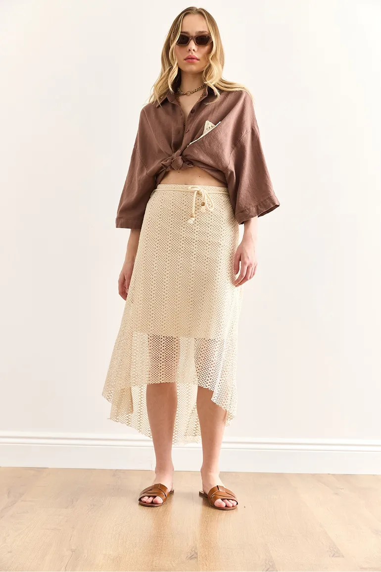 Women's Stone Lace Detailed Lined Asymmetrical Cut Guipure Skirt - 1