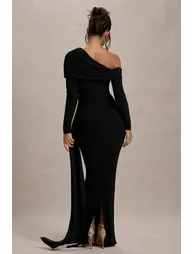 black ruched asymmetric maxi dress with drape Akeeva Ruched Asymmetric One-Shoulder Maxi Dress in Black