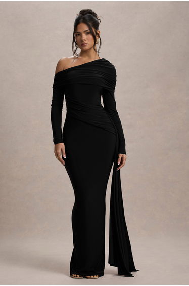 Valina | Black Ruched Asymmetric Maxi Dress With Drape