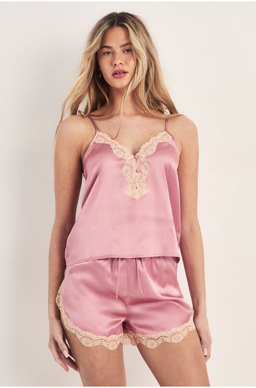 Satin Lace Detail Cami And Shorts Pajama Set