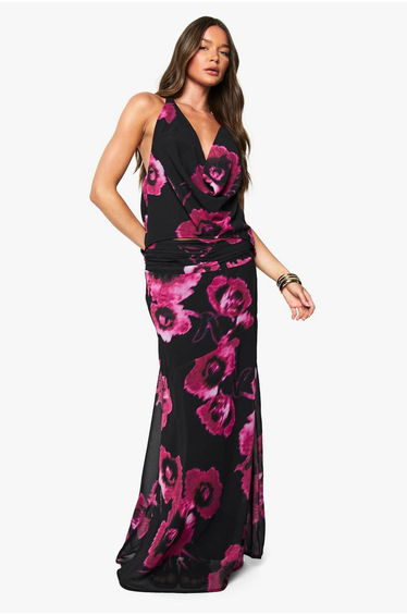 Floral Chiffon Cowl Neck Halter Top - black