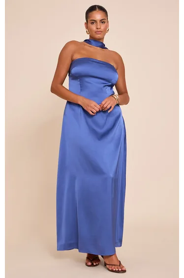 Plus Navy Satin Bandeau Scarf Detail Maxi Dress
