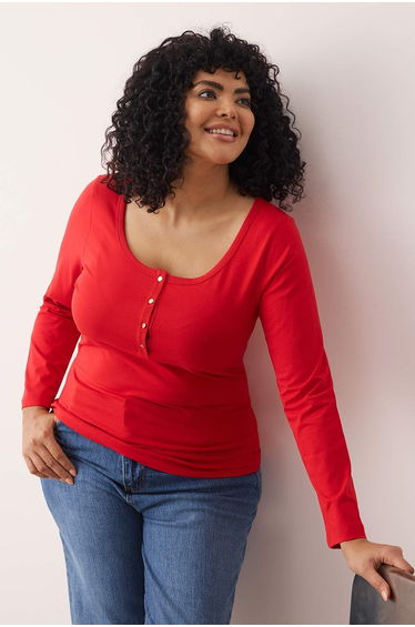 Red Knitted Button Detailed Plus Size Blouse