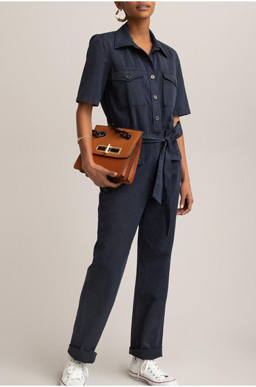 Cotton Mix Jumpsuit with Short Sleeves, Length 29.5''