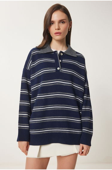 Women's Navy Blue Polo Neck Striped Knitwear Sweater
