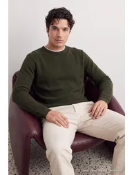 Khaki Regular/Normal Cut Textured Collar Detailed Knitwear Sweater - 2