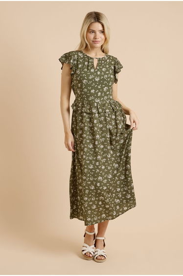 Green Floral Keyhole Flutter Sleeve Midi Dress