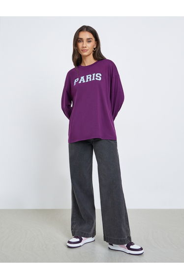 Purple Graphic Oversized Long Sleeve T-Shirt