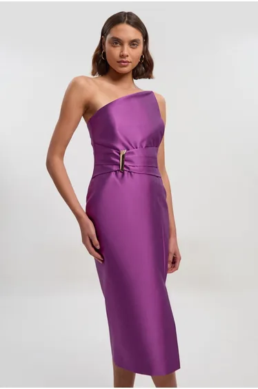 Satin Twill Trim Detail Structured Asymmetric Neck Tailored Midi Dress