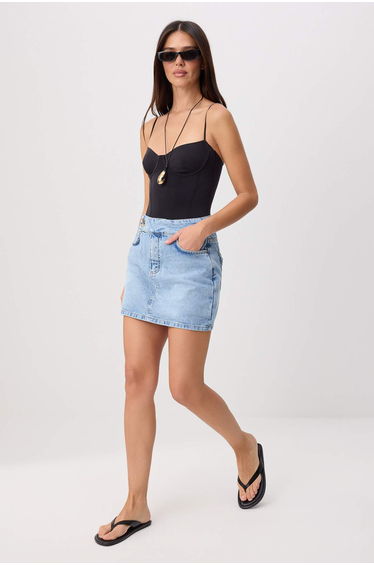 Light Blue Waist Detailed 100% Cotton Denim Shorts Skirt