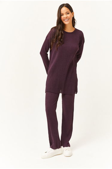 Women's Damson Top Slit Blouse Bottom Palazzo Ribbed Suit