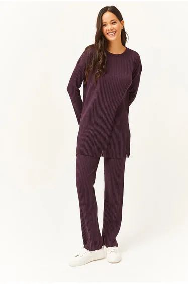 Women's Damson Top Slit Blouse Bottom Palazzo Ribbed Suit