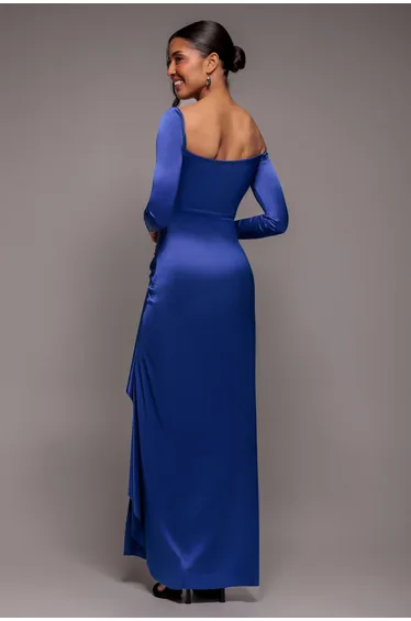 Goddiva Slinky Satin One Shoulder Split Maxi Dress