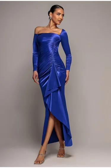 Goddiva Slinky Satin One Shoulder Split Maxi Dress