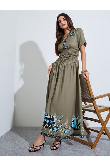 Green Hem-Placement Print A-Line Maxi Dress