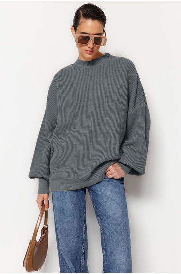 Anthracite Wide Pattern Basic Knitwear Sweater
