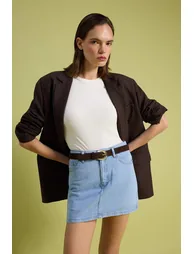 Light Blue 100% Cotton High Waist Denim Shorts Skirt - 4