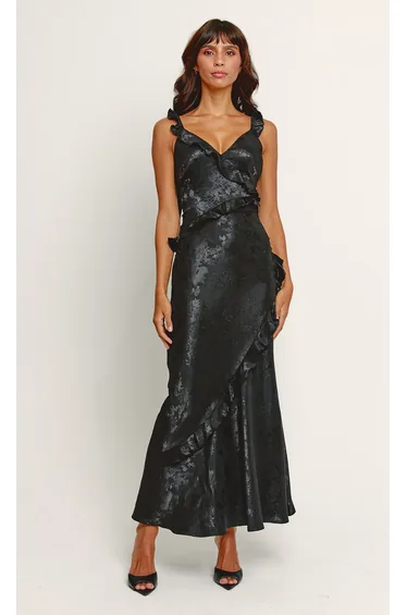 Black Satin Jacquard Ruffle Maxi Dress