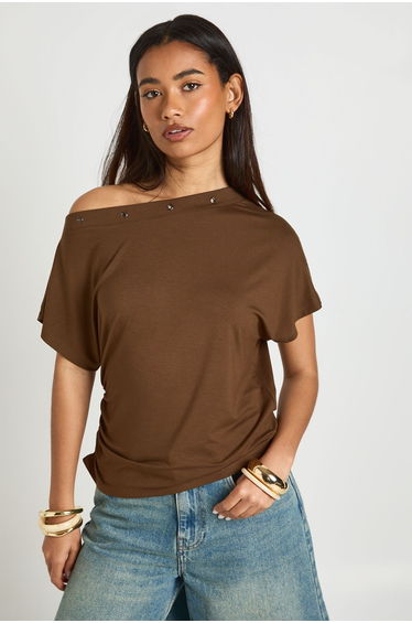 Eyelet Trim Off The Shoulder Top - chocolate