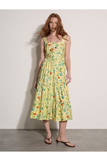 Postcard Print Tiered Midi Dress