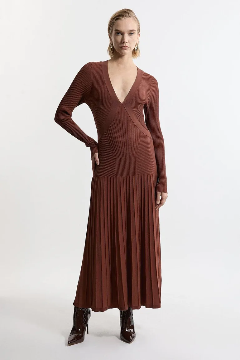 Shop Petite V Neck Elevated Rib Knit Full Skirt Maxi Dress Online in Oman