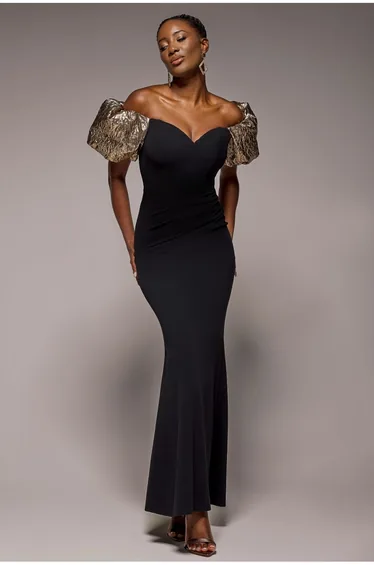 Jacquard Puff Sleeve Sweetheart Scuba Maxi Dress - Black by Goddiva